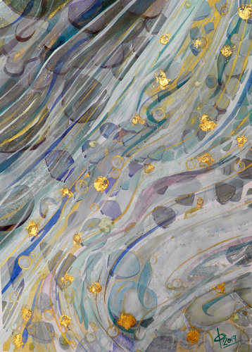“River of Gold” Holbein Watercolour and 25 ct Gold Leaf on Arches Paper, 560cm x 760cm by artist Caroline Deeble. See her portfolio by visiting www.ArtsyShark.com 