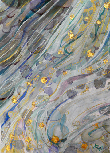 “River of Gold” Holbein Watercolour and 25 ct Gold Leaf on Arches Paper, 560cm x 760cm by artist Caroline Deeble. See her portfolio by visiting www.ArtsyShark.com