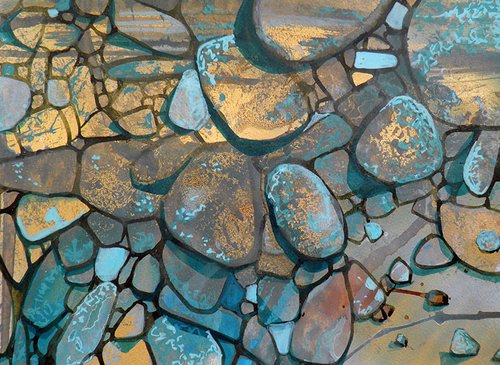 “Stones to Throw” Art Spectrum Inks and Mixed Media on Canson Paper, 28cm x 20cm by artist Caroline Deeble. See her portfolio by visiting www.ArtsyShark.com