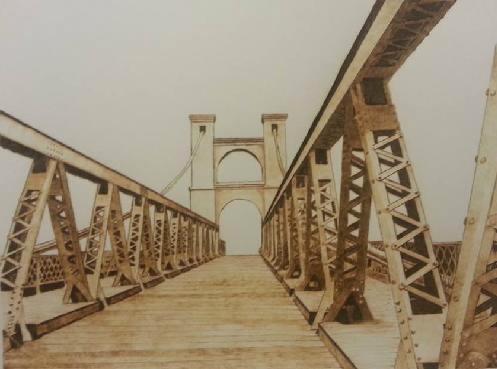 “Waco’s Suspension Bridge” Wood Burned on Paper, 18” x 15”by artist Marsha Wilson. See her portfolio by visiting www.ArtsyShark.com 