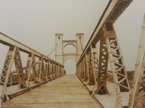 “Waco’s Suspension Bridge” Wood Burned on Paper, 18” x 15”by artist Marsha Wilson. See her portfolio by visiting www.ArtsyShark.com
