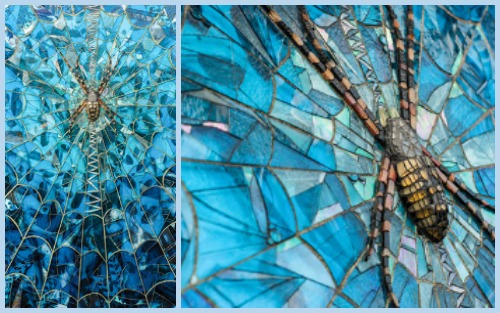 "The Guard" stained glass and mixed media mosaic by Cherie Bosela; right, detail shot