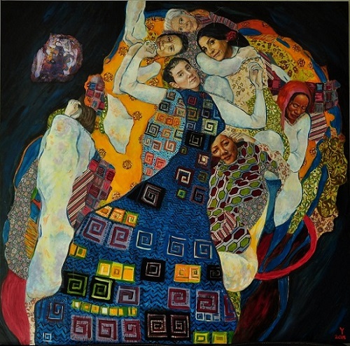 “Comment on Klimt – Christine Lagarde, Yung Chang, Lita Cabellut, Maryam Mirzakhani, Y.J.A. Welman, Khandro Rimpoche, Alice Coltrane” Acrylic and Fabric on Canvas, 150cm x 147.5cm by artist Yvonne Wellman. See her portfolio by visiting www.ArtsyShark.com