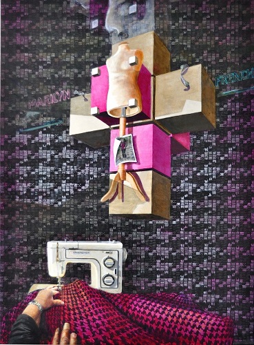 “My Parent’s Daughter & Hyper Cube” Acrylic on Canvas, 95cm x 130cm by artist Yvonne Wellman. See her portfolio by visiting www.ArtsyShark.com