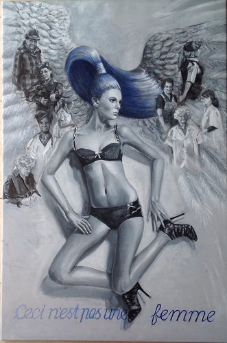 “Cliché 2 – Ceci n’est pas une Femme” Acrylic on Canvas, 67cm x 101cm by artist Yvonne Wellman. See her portfolio by visiting www.ArtsyShark.com