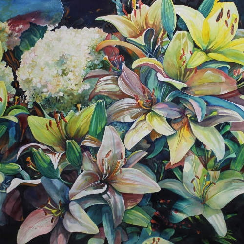 “Abundance 2” Watercolor, Gouache and Colored Pencil with Paper, 36” x 36”by artist Gary Cadwallader. See his portfolio by visiting www.ArtsyShark.com