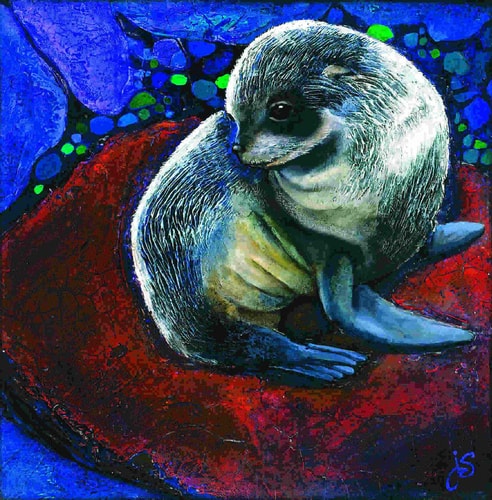 "Baja Pup" Archival Giclee on Wood Panel, 12” x 12” by artist Joanne Schoener Scott. See her portfolio by visiting www.ArtsyShark.com