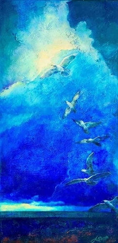 "By the Seashore” Mixed Media on Canvas, 12” x 24” (framed) by artist Joanne Schoener Scott. See her portfolio by visiting www.ArtsyShark.com