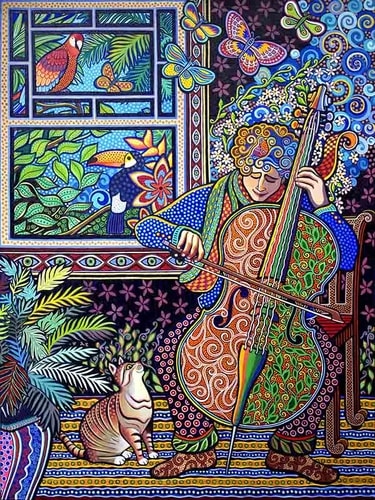 "Cello Player" Acrylic, 30" x 40" by artist Daniella Willet-Rabin. See her portfolio by visiting www.ArtsyShark.com