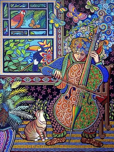 "Cello Player" Acrylic, 30" x 40" by artist Daniella Willet-Rabin. See her portfolio by visiting www.ArtsyShark.com