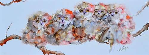 "Owl You Need is Love" Alcohol Ink, 24" x 10" by artist Leslie Franklin. See her portfolio by visiting www.ArtsyShark.com