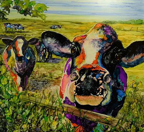 "Pasture Eyes" Alcohol Ink, 30" x 30" by artist Leslie Franklin. See her portfolio by visiting www.ArtsyShark.com