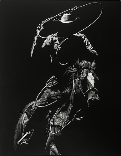 “Roper Arabesque” Scratchboard, 14” x 18” by artist Julie Chapman. See her portfolio by visiting www.ArtsyShark.com