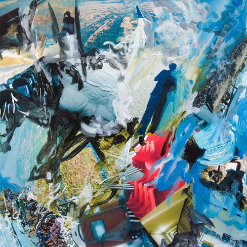 “Horse Rider” Mixed Media Photo Collage and Acrylic Paint on Canvas, 30” x 30”by artist Kim Vergil. See her portfolio by visiting www.ArtsyShark.com
