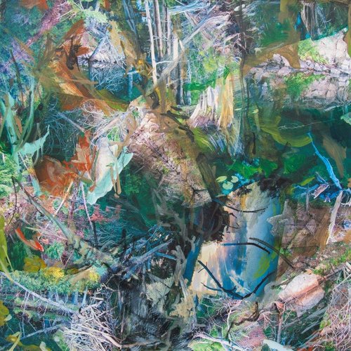 “Place of Reflection” Mixed Media Photo Collage and Acrylic Paint on Canvas, 30” x 30”by artist Kim Vergil. See her portfolio by visiting www.ArtsyShark.com