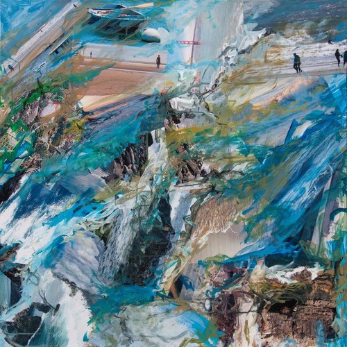 “So Says...the Sea” Mixed Media Photo Collage and Acrylic Paint on Canvas, 36” x 36”by artist Kim Vergil. See her portfolio by visiting www.ArtsyShark.com