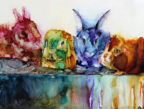 "The Vegetarians" Alcohol Ink, 14" x 8"by artist Leslie Franklin. See her portfolio by visiting www.ArtsyShark.com 