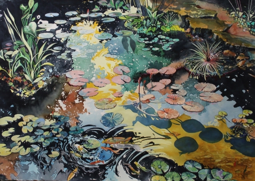 “Waterlilies and Koi” Watercolor and Acrylic on Paper, 36” x 26” by artist Gary Cadwallader. See his portfolio by visiting www.ArtsyShark.com