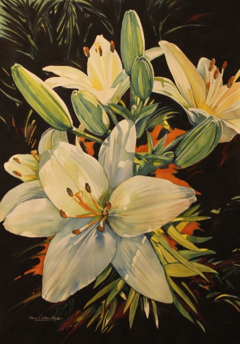 “White Lilies” Watercolor, Gouache and Colored Pencil on Paper, 26” x 36” by artist Gary Cadwallader. See his portfolio by visiting www.ArtsyShark.com