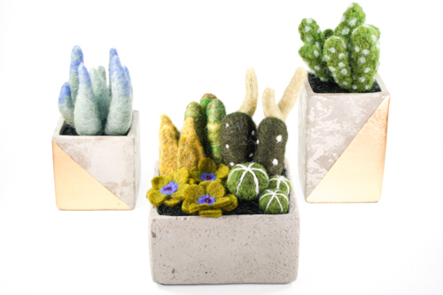 “Felt Cactus” Wool Fiber and Gold Leafed Concrete Planters, 4” x 6,” 6” x 7,” 4” x 8” by artist Sarah Mandell. See her portfolio by visiting www.ArtsyShark.com