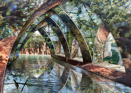 "Into the Silent Water" digital photo collage by Leslie Kell. Size varies