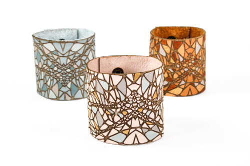 Painted Leather Cuffs—Laser Etched Leather and Acrylic Paint, 8” x 2"by artist Sarah Mandell. See her portfolio by visiting www.ArtsyShark.com 