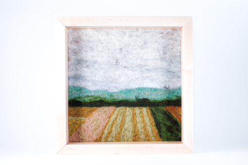 “Summer Crops” Wool Fiber, 10" x 10" by artist Sarah Mandell. See her portfolio by visiting www.ArtsyShark.com