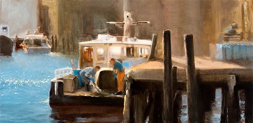 “Evening Catch” Oil on Panel, 16 x 8”by artist Donna Lee Nyzio. See her portfolio by visiting www.ArtsyShark.com 