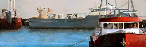 “Gloucester Docks” Oil on Panel, 36” x 12” by artist Donna Lee Nyzio. See her portfolio by visiting www.ArtsyShark.com