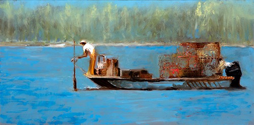 “Summer Catch” Oil on Panel, 12” x 6”by artist Donna Lee Nyzio. See her portfolio by visiting www.ArtsyShark.com 