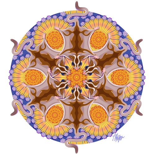 “Sugar Gliders Sipping Nectar of Banksia Flowers” Pen and Ink and Digital Color, 22” x 22” by artist Tim Phelps. See his portfolio by visiting www.ArtsyShark.com
