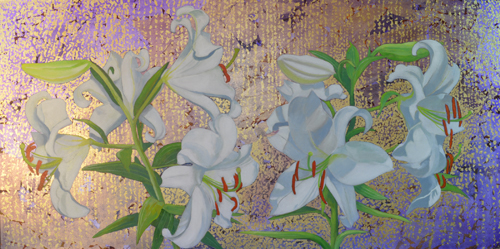 “Gilding the Lilies” Oil and Metal Leaf on Canvas, 48" x 24" by artist Joan Metcalf. See her portfolio by visiting www.ArtsyShark.com