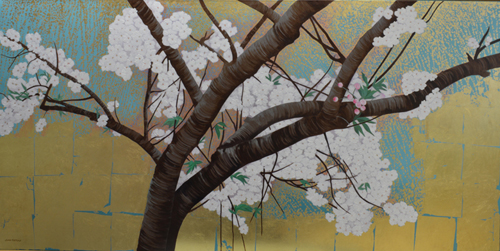 “Ornamental Cherry Tree #2”Oil and Metal Leaf on Canvas, 72" x 36" by artist Joan Metcalf. See her portfolio by visiting www.ArtsyShark.com