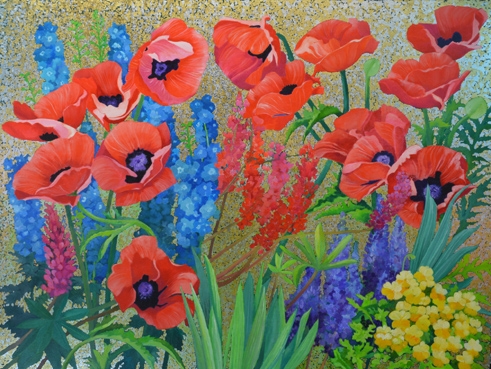 “Shimmering Poppy Garden” Oil and Metal Leaf on Canvas, 48" x 36" by artist Joan Metcalf. See her portfolio by visiting www.ArtsyShark.com