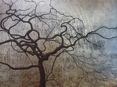 “Winter Tree” Oil and Metal Leaf on Canvas, 48" x 36" by artist Joan Metcalf. See her portfolio by visiting www.ArtsyShark.com
