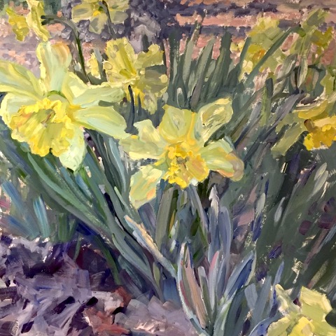 "Sunny Flowers" Oil, 18" x 18" by artist Angela Tommaso Hellman. See her portfolio by visiting www.ArtsyShark.com