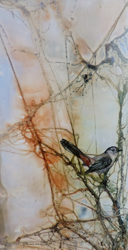 “Catbird” Watercolor, 14” x 26” by artist Katherine Weber. See her portfolio by visiting www.ArtsyShark.com