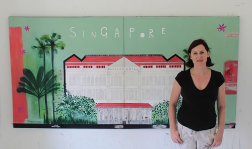 Artist Clare Haxby in her studio with "Raffles Hotel" Mixed Media on Canvas, 244cm x 122cm by artist Clare Haxby. See her portfolio by visiting www.ArtsyShark.com