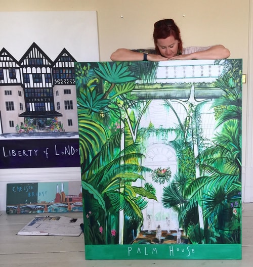 Artist Clare Haxby in her studio with "The Palm House" Mixed Media on Linen, 120cm x 150cm by artist Clare Haxby. See her portfolio by visiting www.ArtsyShark.com
