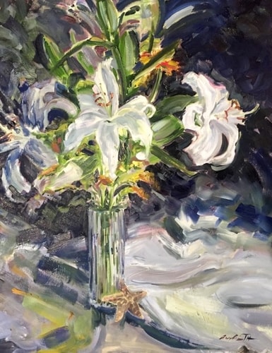 "Resounding Trumpets" Oil, 22" x 28" by artist Angela Tommaso Hellman. See her portfolio by visiting www.ArtsyShark.com