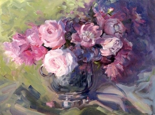 "Sarah's Peonies" Oil, 24" x 18" by artist Angela Tommaso Hellman. See her portfolio by visiting www.ArtsyShark.com 