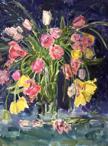 "Tulips Abound" Oil, 30" x 40" by artist Angela Tommaso Hellman. See her portfolio by visiting www.ArtsyShark.com