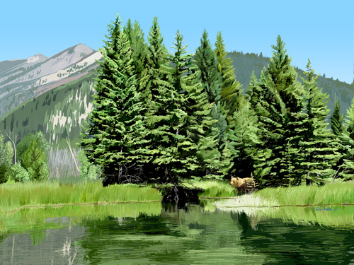 “Backwater and Bear” Digital Painting, 14” x 10” by artist Pam Little. See her portfolio by visiting www.ArtsyShark.com