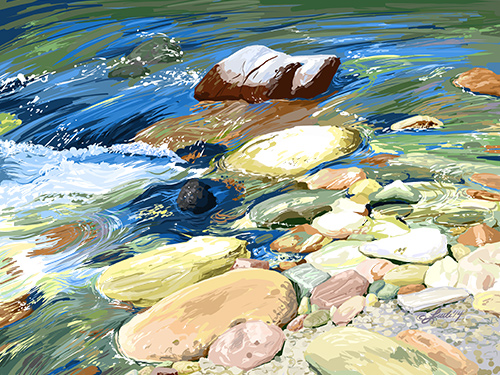 “River Rocks” Digital Painting, 14” x 10” by artist Pam Little. See her portfolio by visiting www.ArtsyShark.com