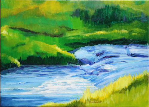 “Rose Creek Summer” Acrylic on Canvas, 14” x 10” by artist Pam Little. See her portfolio by visiting www.ArtsyShark.com