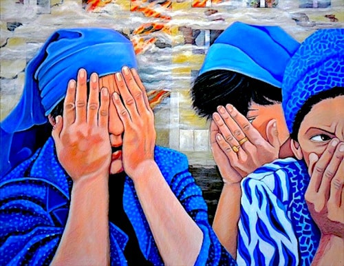 "Warning" Oil on Linen, 30" x 24" by artist Jane Hickey Caminos. See her portfolio by visiting www.ArtsyShark.com