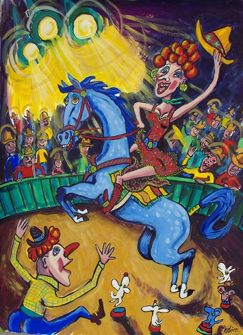 "Miss Sally Sue on Big Blue Wows the Crowd" Gouache, 18" x 24"by artist Cheri O’Brien. See her portfolio by visiting www.ArtsyShark.com