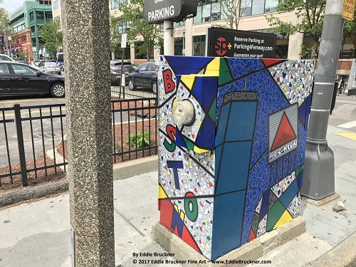 “Fenway PaintBox at Yawkey Way & Boylston St., Boston” Enamel Paint on Metal City Electrical Box, 55” x 56” x 28” by artist Eddie Bruckner. See his portfolio by visiting www.ArtsyShark.com