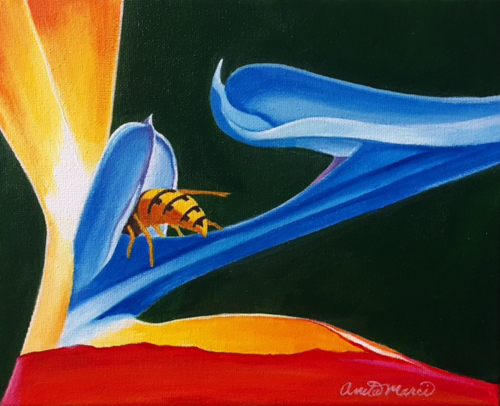"Wasp in a Bird" Acrylic on Canvas, 10" x 8" by artist Anita Marci. See her portfolio by visiting www.ArtsyShark.com