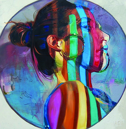 “The Earring” Oil on Wood Panel, 36” x 36” by artist Ashley Cassens. See her portfolio by visiting www.ArtsyShark.com 